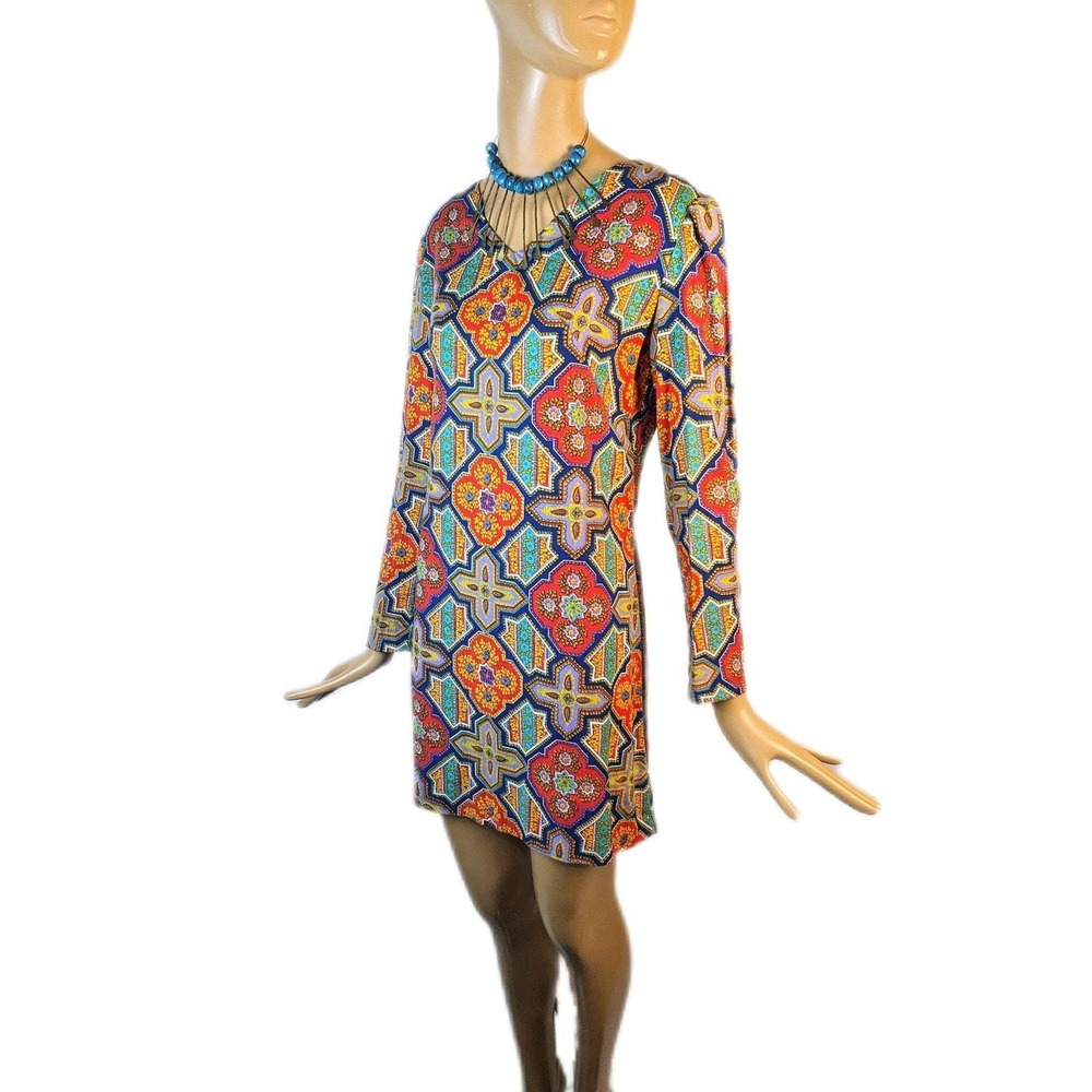 Vintage 1960s Mod Psychedelic Long Sleeve Babydoll Mini Dress Puff Sleeve